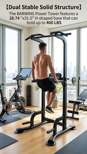 BARWING Power Tower in a corner of a home office with user mid-dip