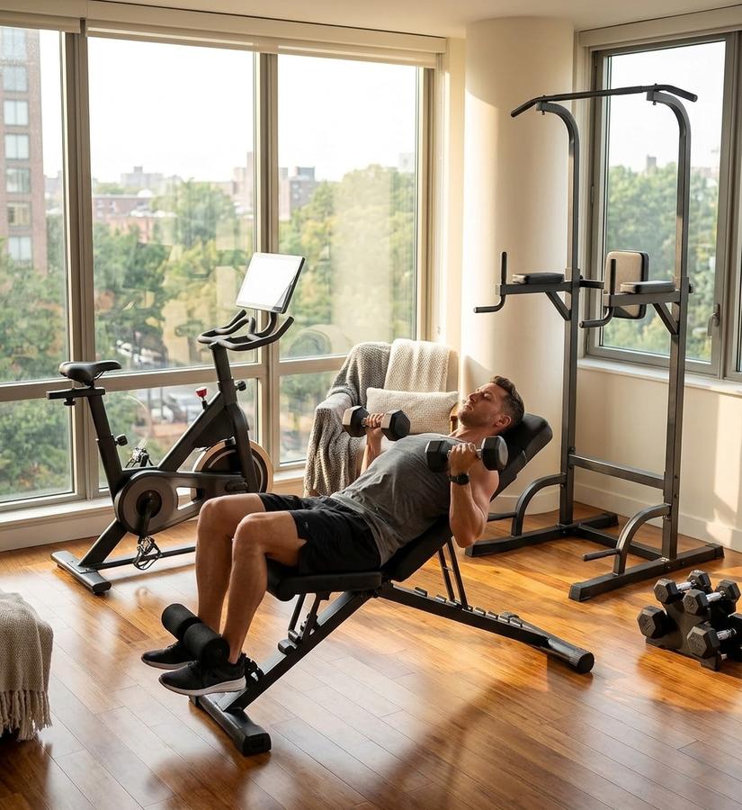 BARWING 800 LBS portable bench folded to 48 inches leaning upright in a hall closet